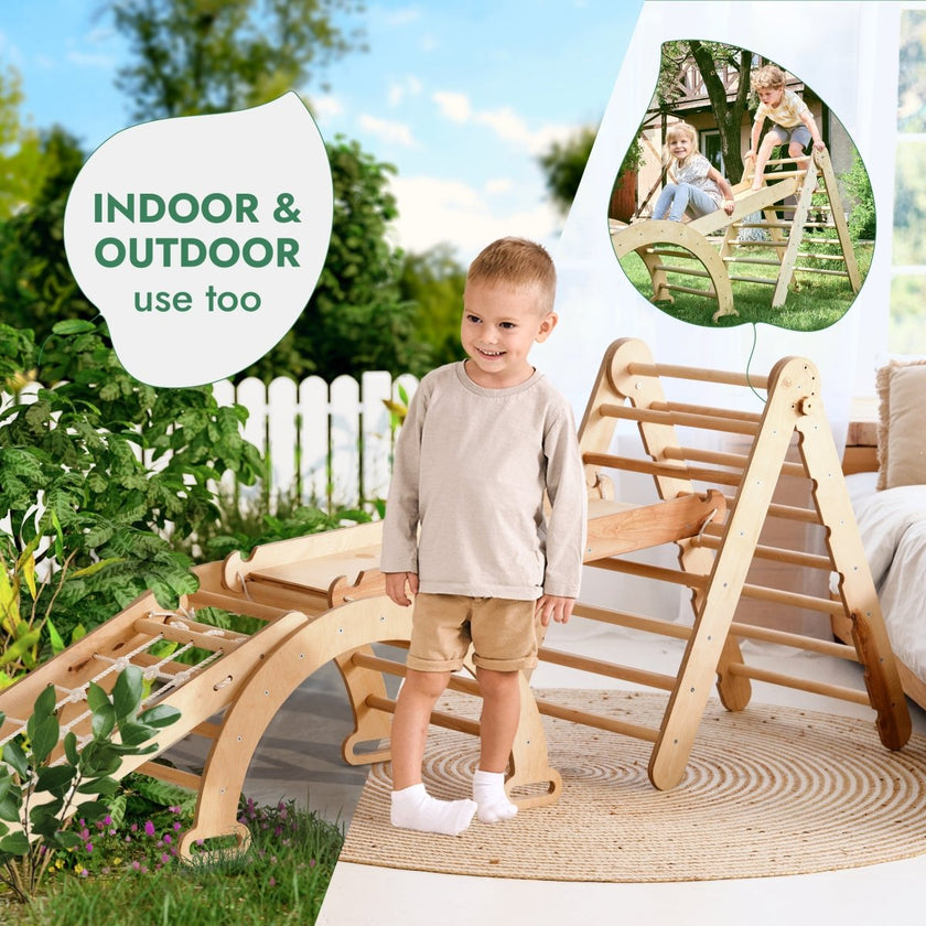 4in1 Montessori Climbing Frame Set: Triangle Ladder + Arch/Rocker + Slide Board/Ramp + Netting rope
