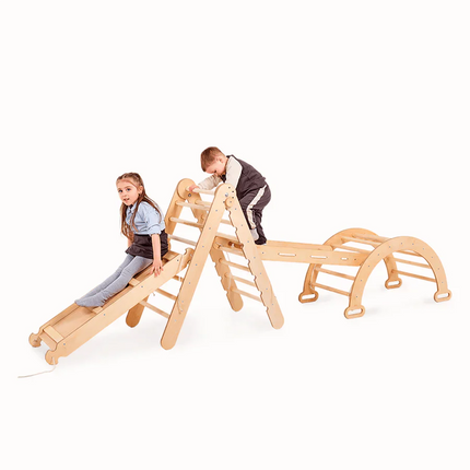 Ensemble d'escalade Montessori 4 en 1 : Échelle triangulaire + arche/balançoire + planche de glisse/rampe + corde de filet.
