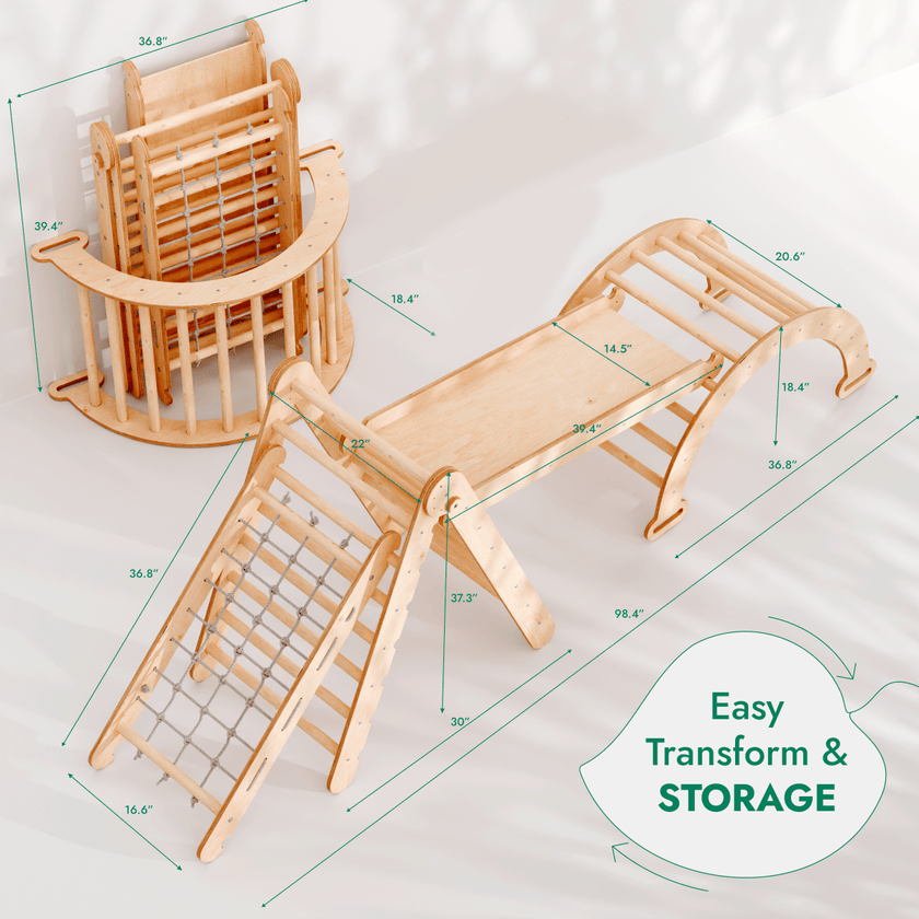 4in1 Montessori Climbing Frame Set: Triangle Ladder + Arch/Rocker + Slide Board/Ramp + Netting rope