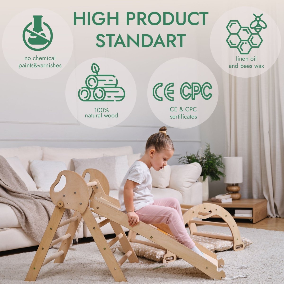 Ensemble d'escalade Montessori 4-en-1 : Triangle de Pikler, arche, planche à glisser et coussin pour les tout-petits (1–3 ans)