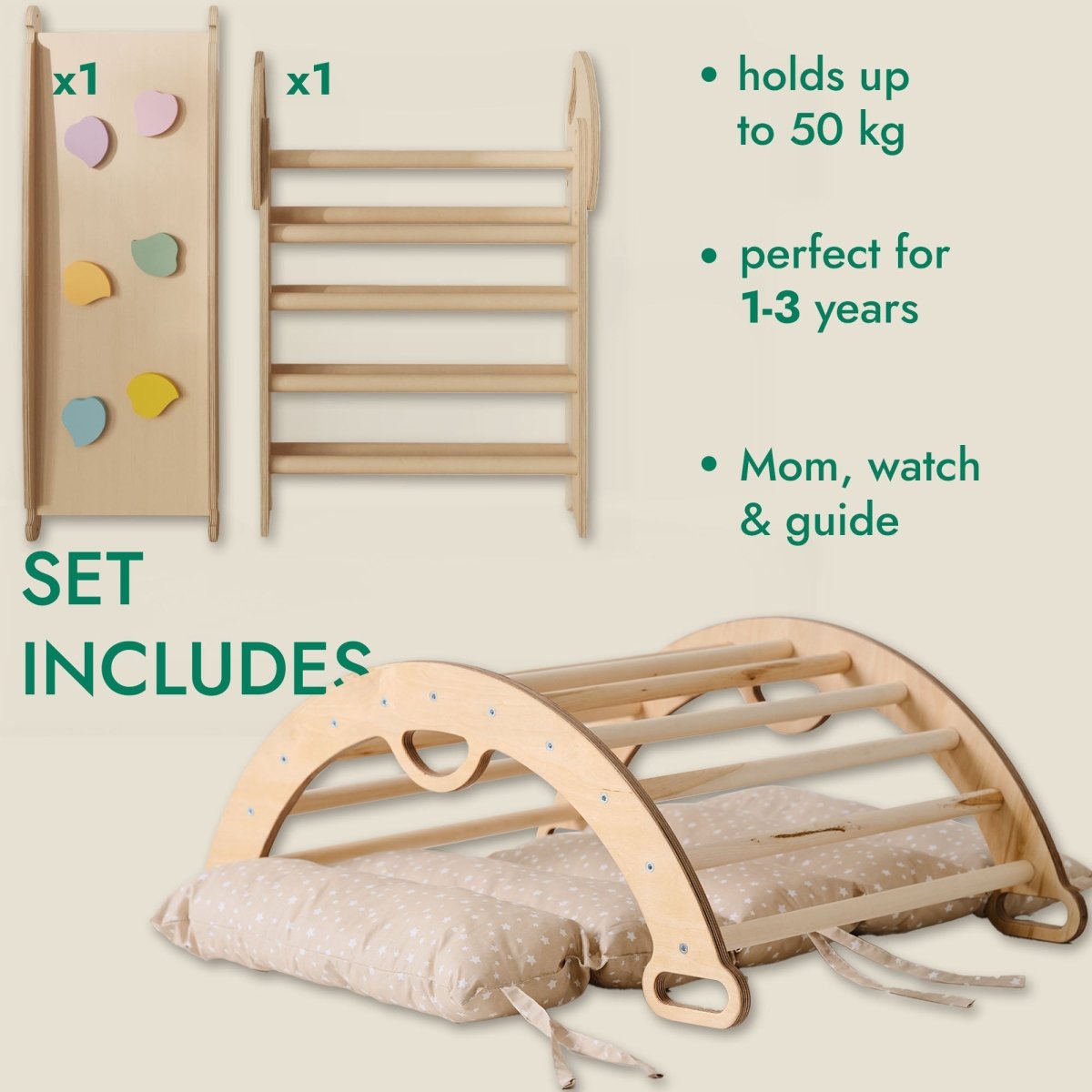 Ensemble d'escalade Montessori 4-en-1 : Triangle de Pikler, arche, planche à glisser et coussin pour les tout-petits (1–3 ans)