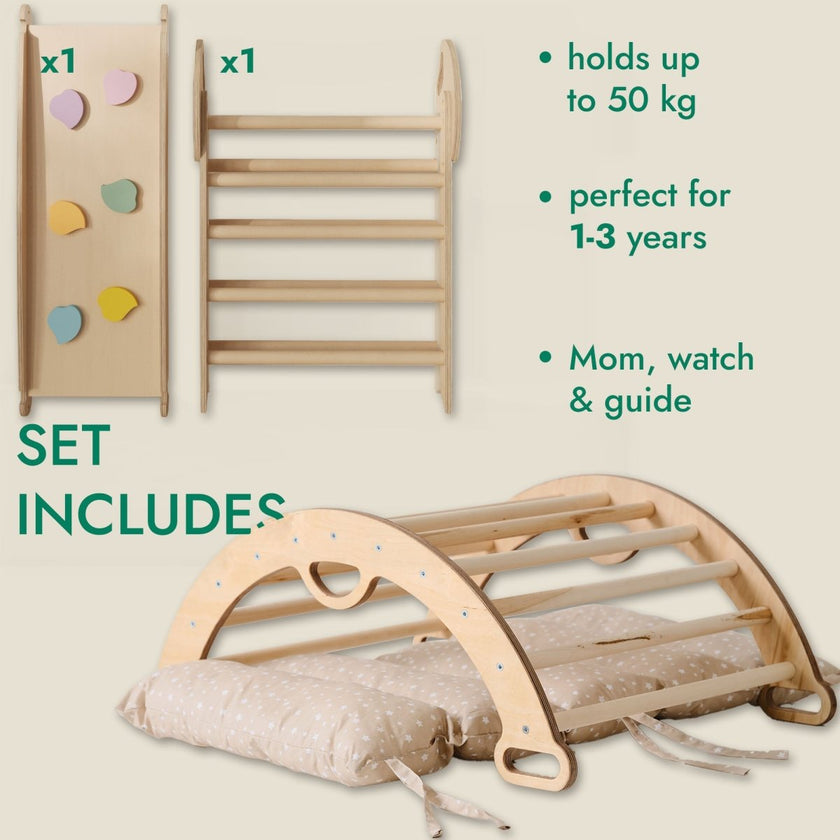 Ensemble d'escalade Montessori 4-en-1 : Triangle de Pikler, arche, planche à glisser et coussin pour les tout-petits (1–3 ans)