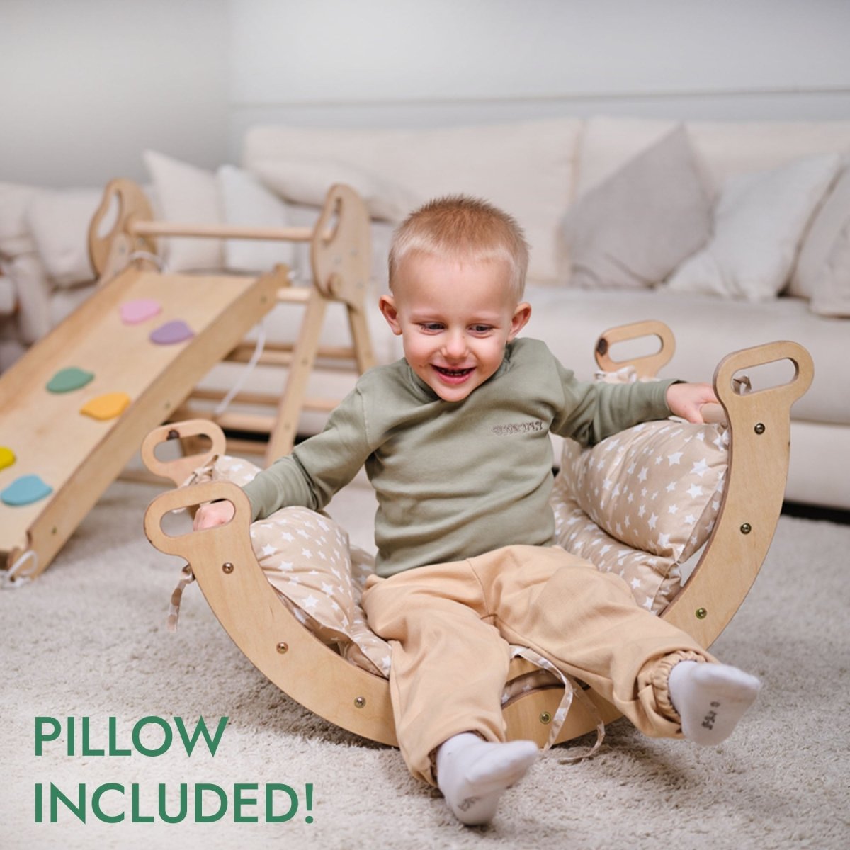Ensemble d'escalade Montessori 4-en-1 : Triangle de Pikler, arche, planche à glisser et coussin pour les tout-petits (1–3 ans)