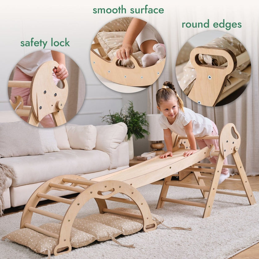 Ensemble d'escalade Montessori 4-en-1 : Triangle de Pikler, arche, planche à glisser et coussin pour les tout-petits (1–3 ans)