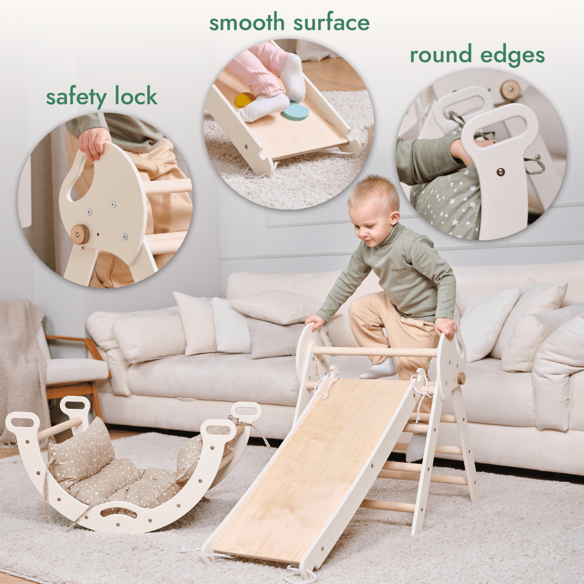 Ensemble d'escalade Montessori 4-en-1 : Triangle de Pikler, arche, planche à glisser et coussin pour les tout-petits (1–3 ans)