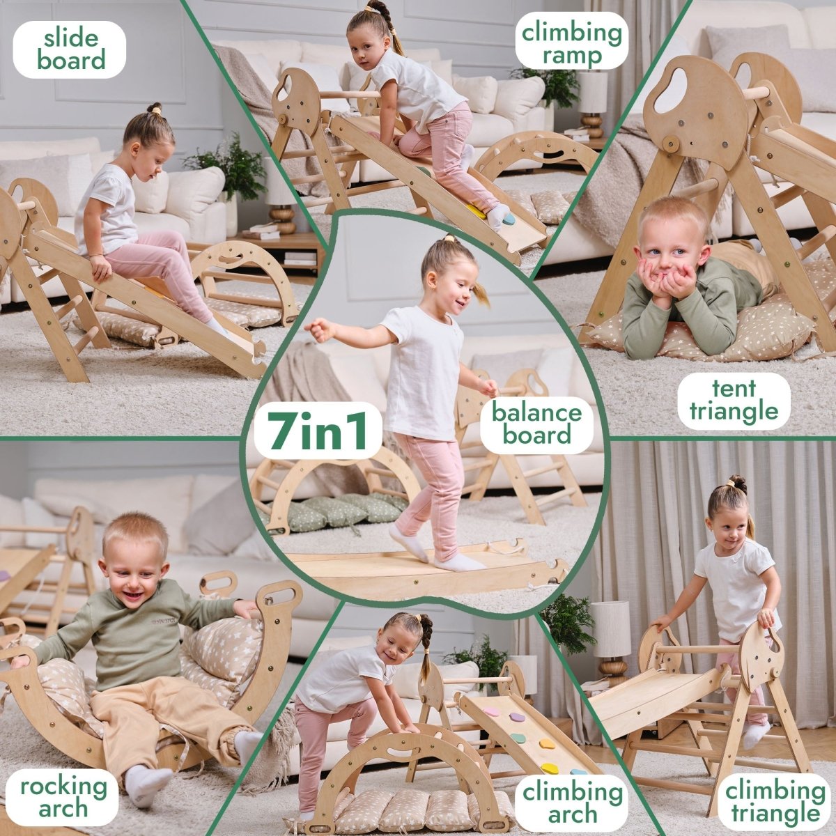 Ensemble d'escalade Montessori 4-en-1 : Triangle de Pikler, arche, planche à glisser et coussin pour les tout-petits (1–3 ans)