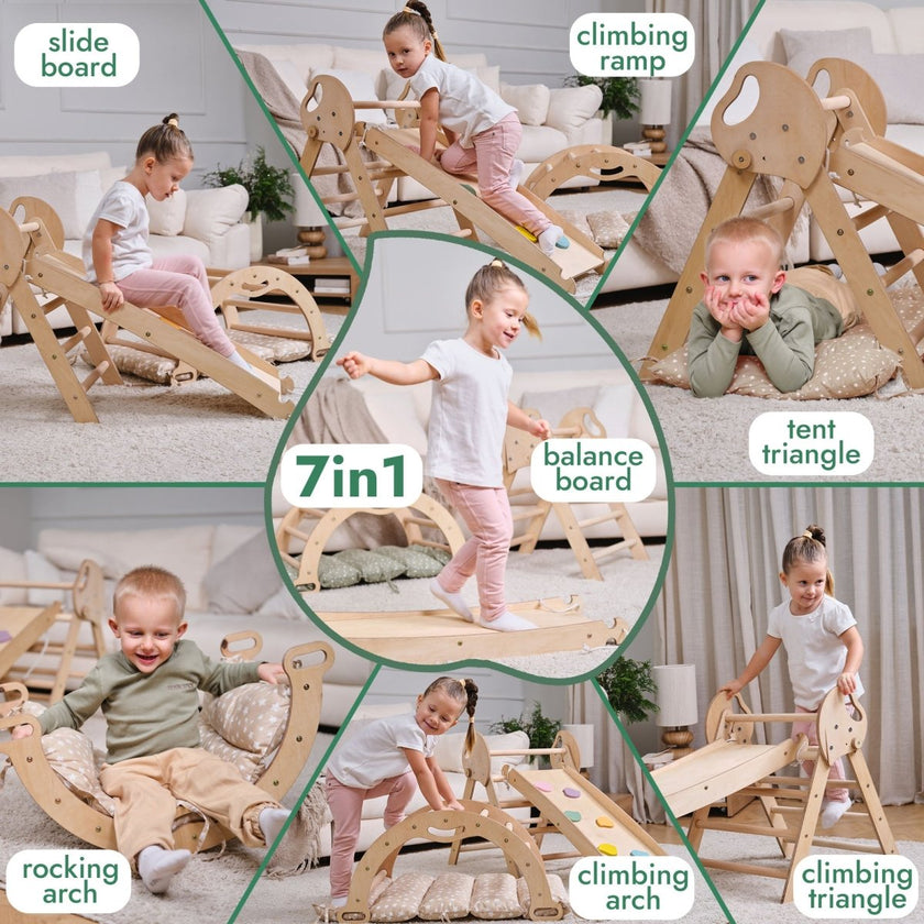 Ensemble d'escalade Montessori 4-en-1 : Triangle de Pikler, arche, planche à glisser et coussin pour les tout-petits (1–3 ans)