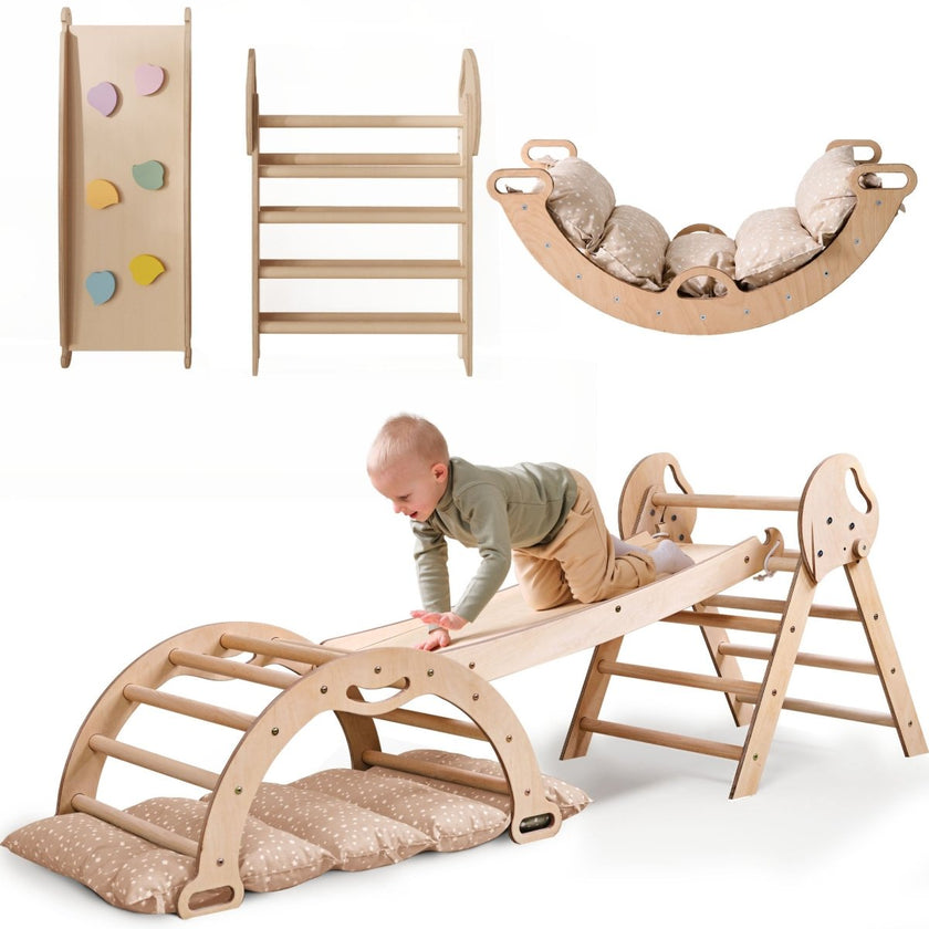 Ensemble d'escalade Montessori 4-en-1 : Triangle de Pikler, arche, planche à glisser et coussin pour les tout-petits (1–3 ans)