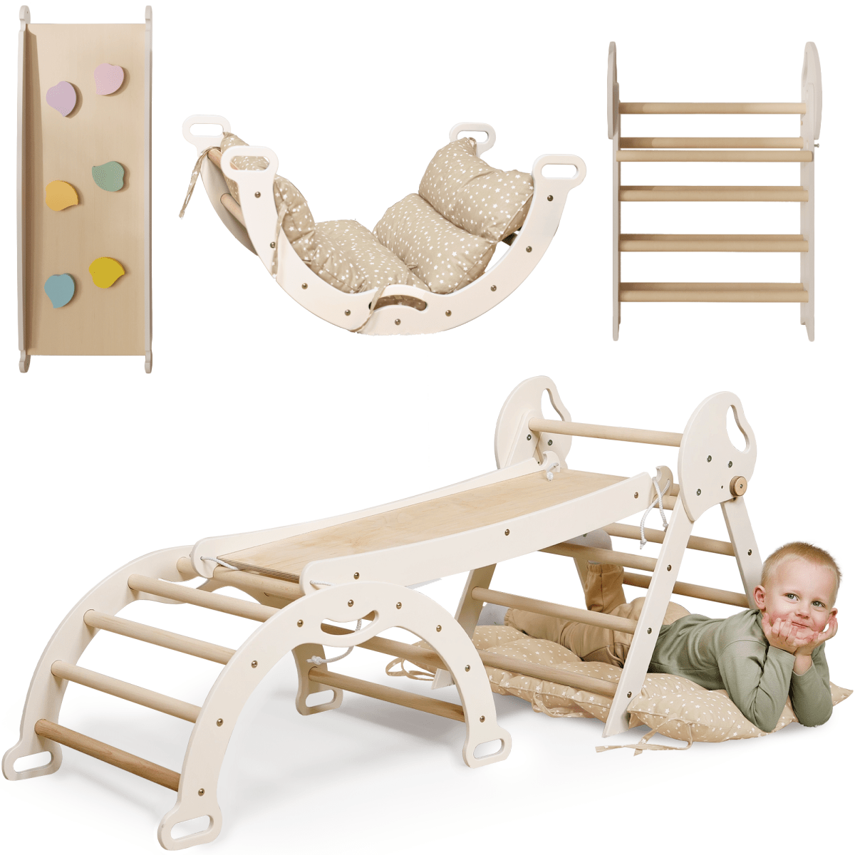Ensemble d'escalade Montessori 4-en-1 : Triangle de Pikler, arche, planche à glisser et coussin pour les tout-petits (1–3 ans)