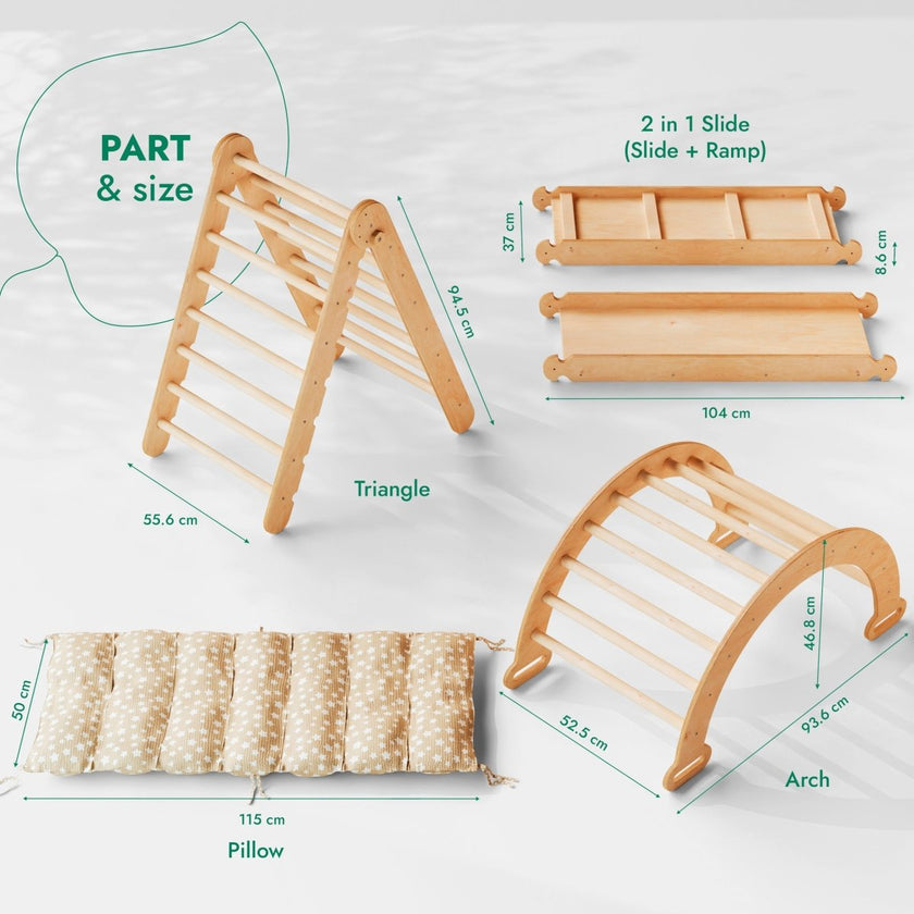4in1 Montessori Climbing Set: Triangle Ladder + Climbing Arch + Slide Board + Cushion Beige