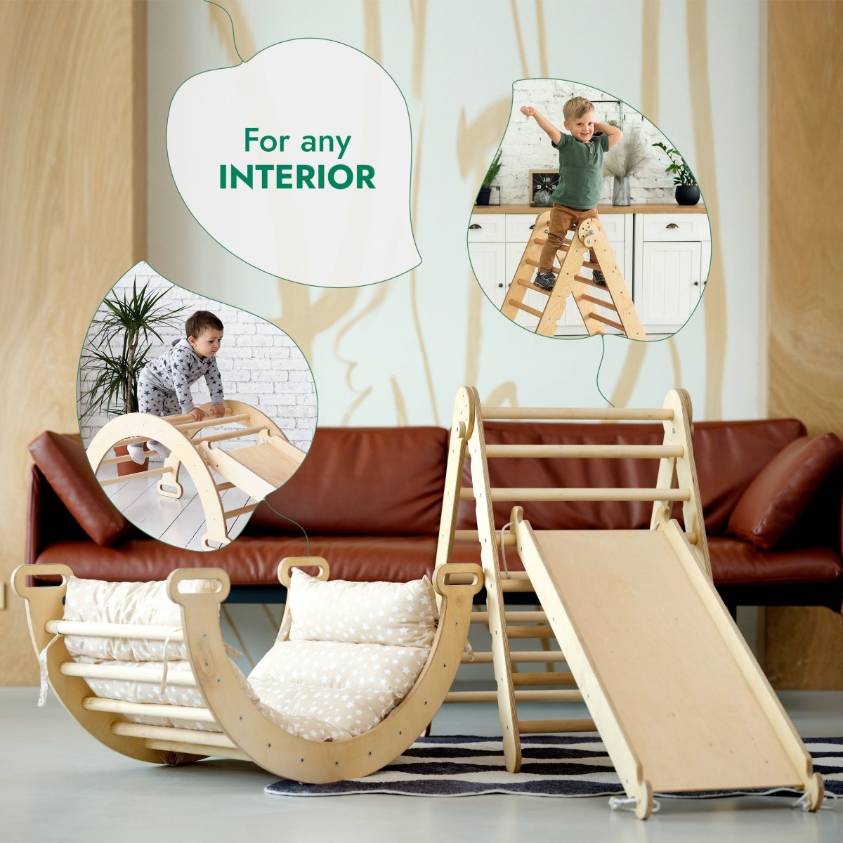 4in1 Montessori Climbing Set: Triangle Ladder + Climbing Arch + Slide Board + Cushion Beige