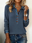 Denim Collar Long Sleeve Patchwork Knit Pullover Top – 16 Colours, S–XXXL