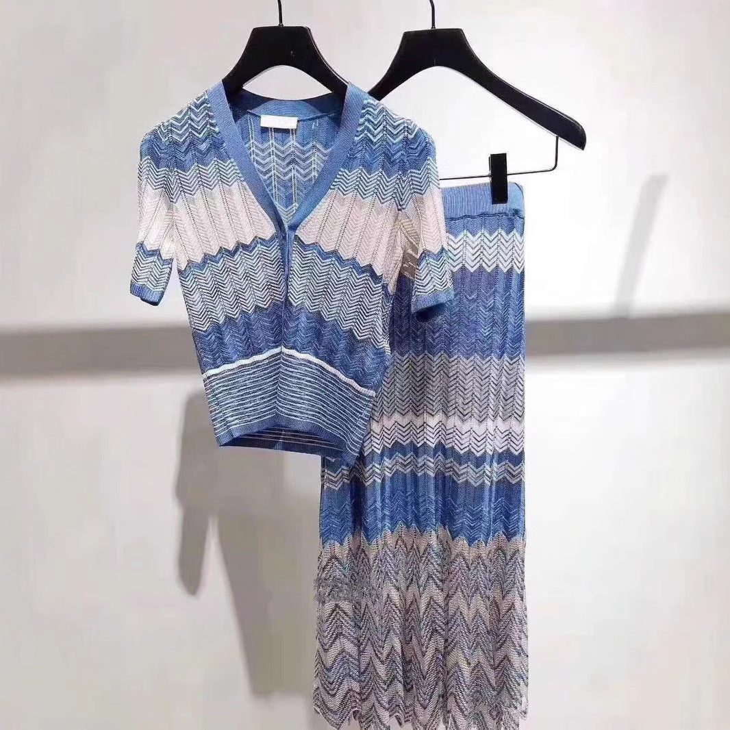 V-neck Wave Stripe Knit Top & Midi Skirt Set | Blue Chevron