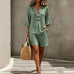 Women's Two-Piece Shorts Suit – V-Neck Ruffle Top & Short Pant Set