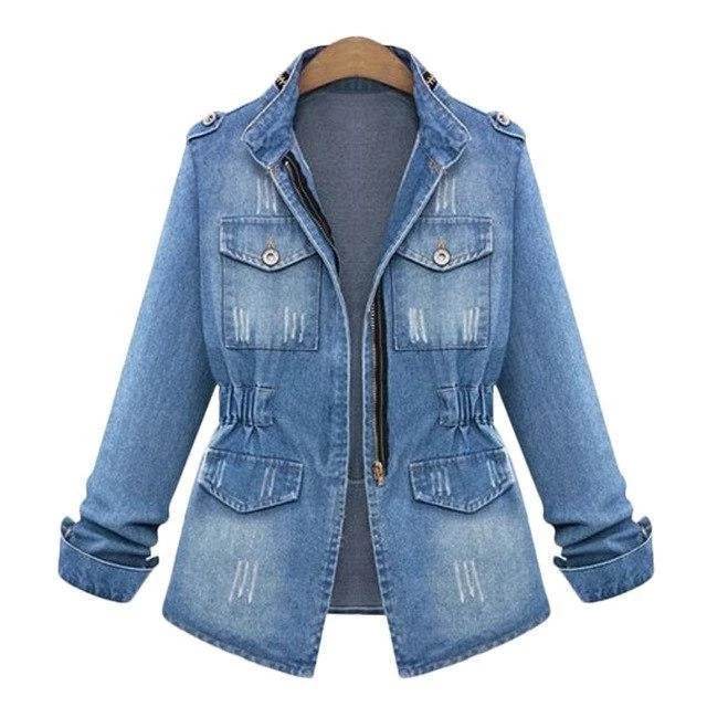Fitted Zip up Lapel Women Denim Jacket