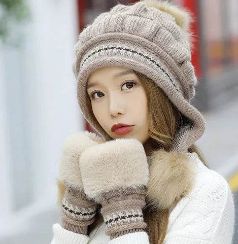 Women Cozy Knit Fleece-Feel Beanie With Ear Flaps Winter Hat Perfect For Skiing & Outdoor Activities