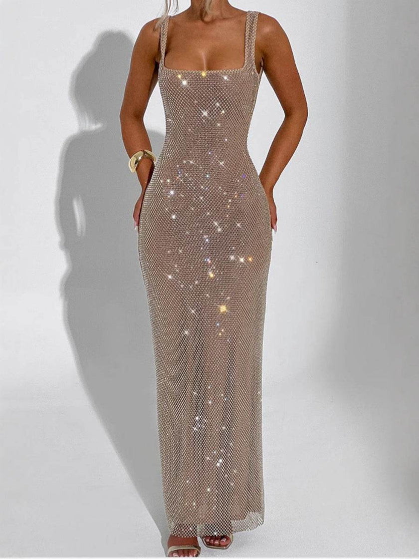 Sleeveless Square neck Suspender Sequined Long Party Dress