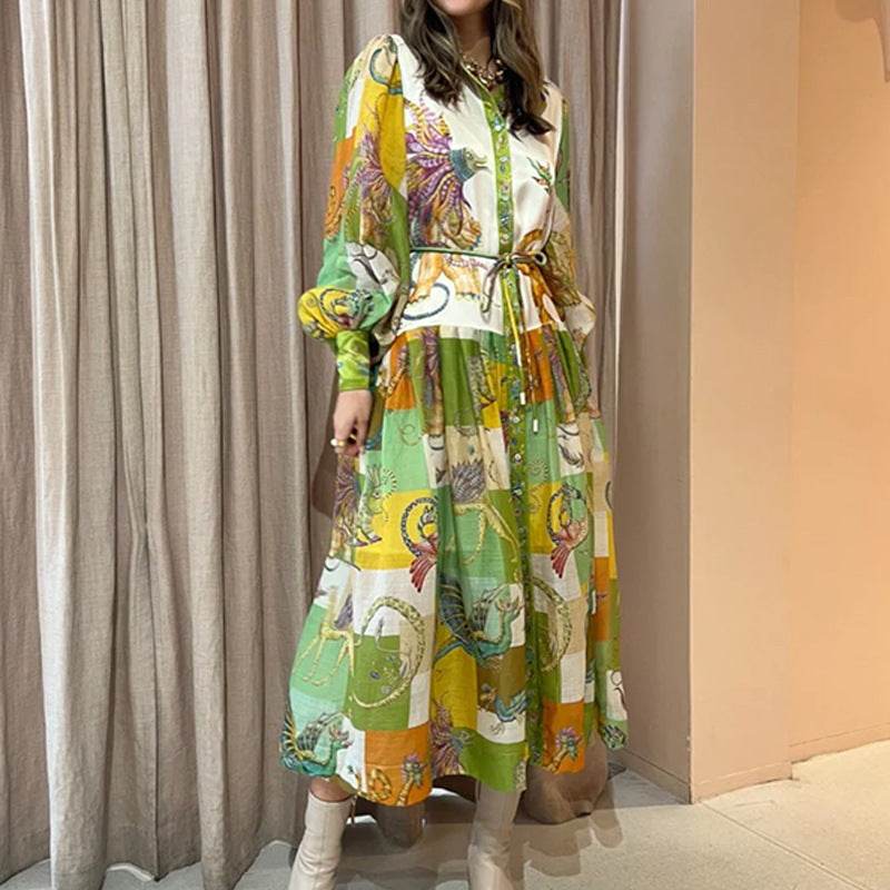 Floral Print Beach Dress – Women's Lantern Sleeve A-Line Midi Dress