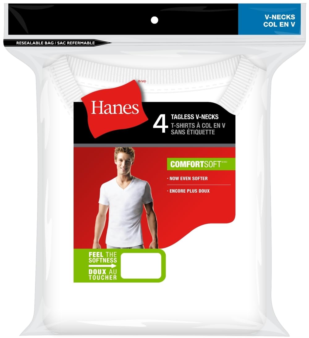 Hanes Men's ComfortSoft 4 Pack FreshIQ Cotton V-Neck T-Shirt, White, Medium 🍁 All In One Marketplace Canada