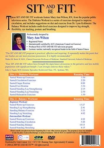 Sit & Be Fit: Diabetes & Balance Workouts: Senior Chair Fitness Exercise Award-Winning, 2 DVD Set, Stretching, Aerobics, Strength Training, and Balance. Improve flexibility, muscle and bone strength, circulation, heart health, and stability.
