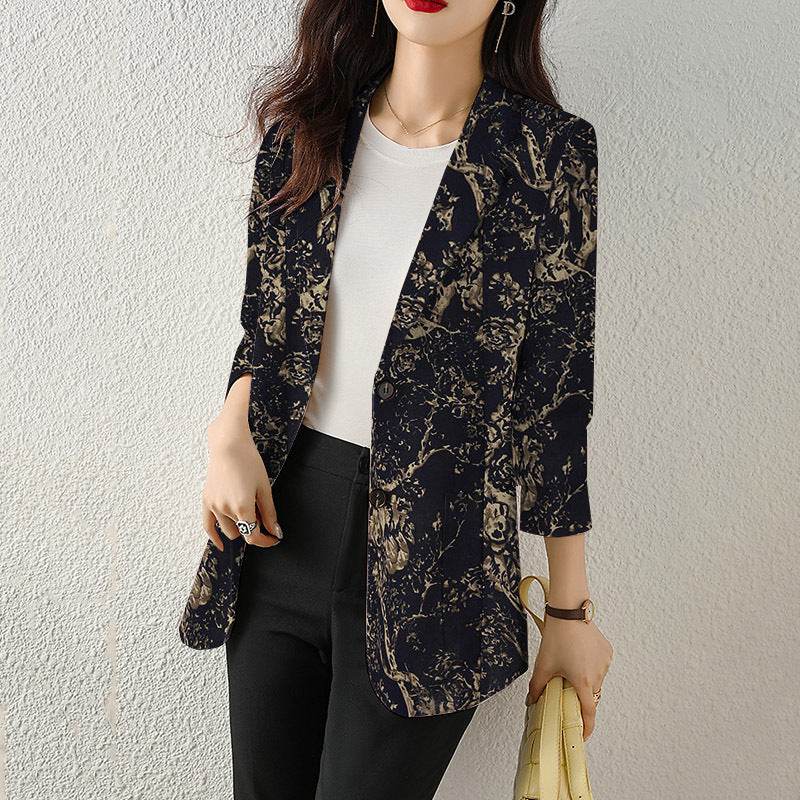Women's Button Printed Long-sleeved Pocket Vintage Cotton And Linen jacket Blazer