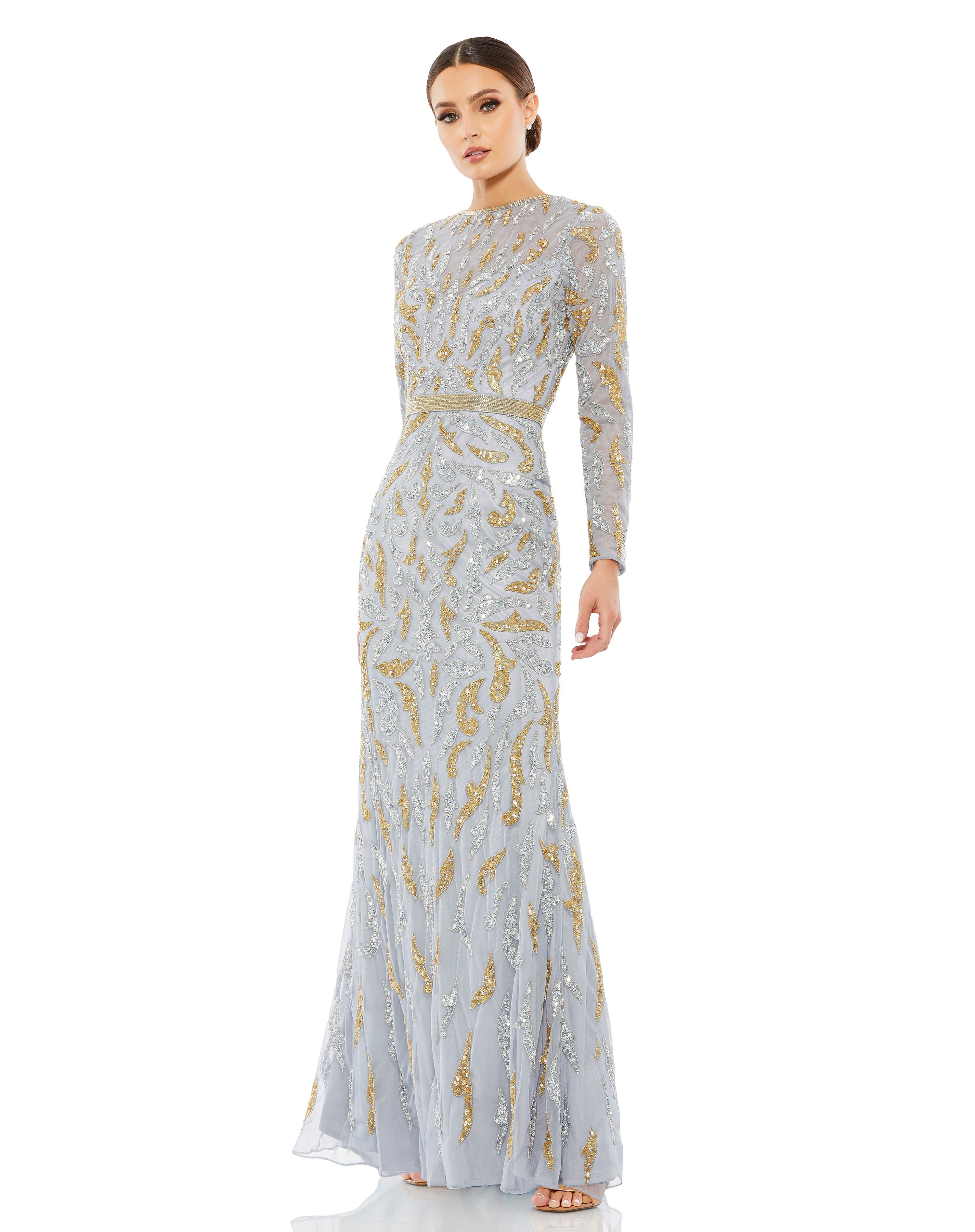 Beaded Long Sleeve Evening Gown