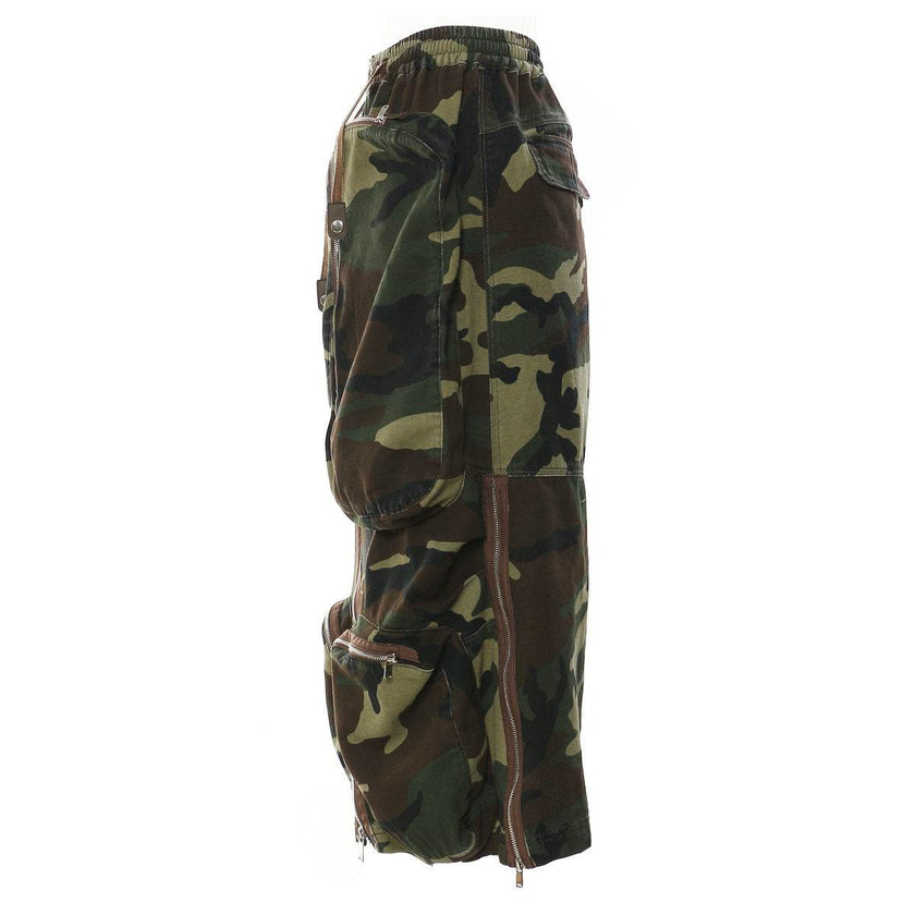 Three-dimensional Camouflage Zipper Pocket Side Slit  pencil Midi Cargo Skirt