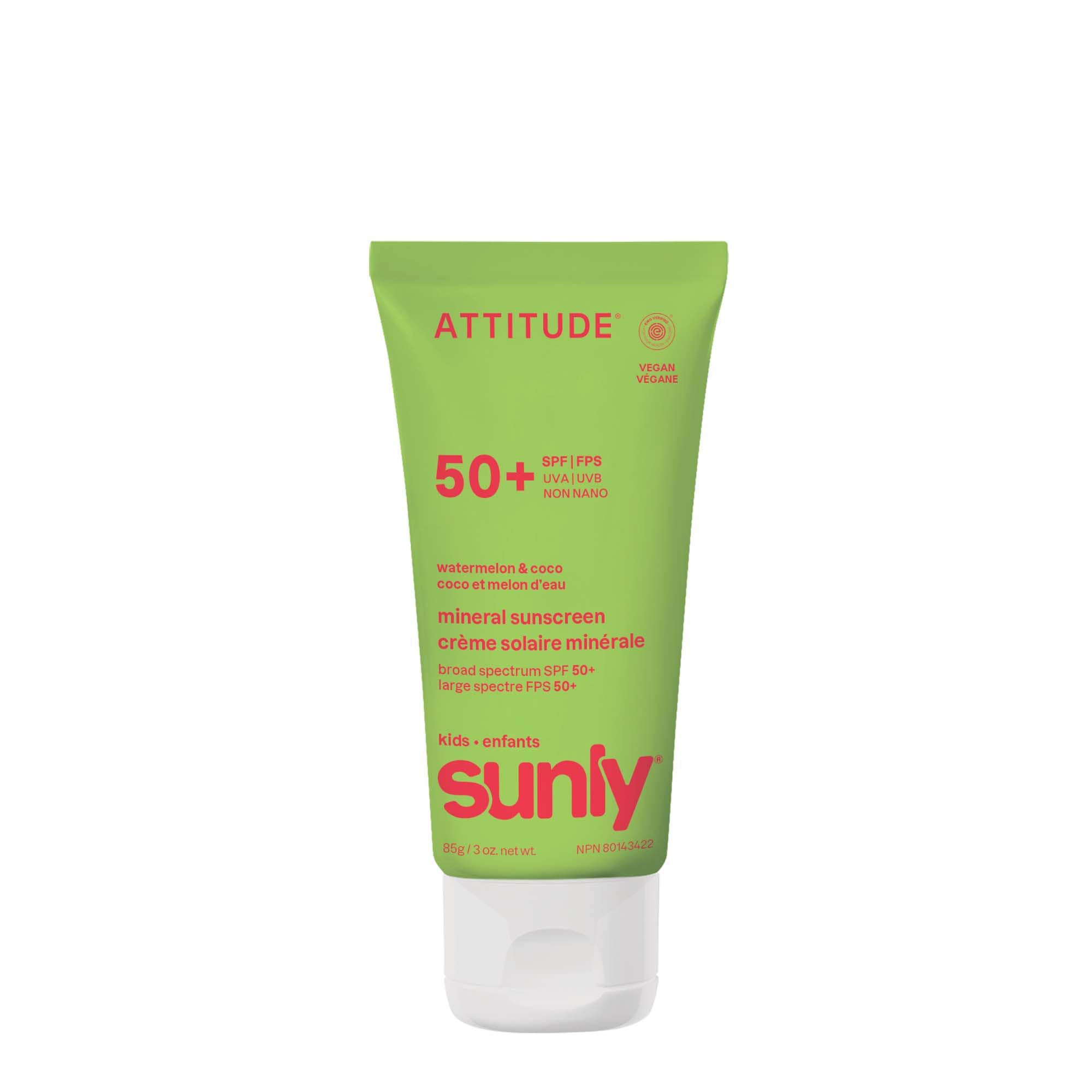 ATTITUDE Kids Mineral Sunscreen SPF 50, Broad Spectrum Zinc Oxide, EWG Verified, Mineral-Based, Non-Nano, Lightweight Cream for Face & Body, Gentle Formula, Watermelon & Coco Scent, 80 grams 🍁 All In One Marketplace Canada