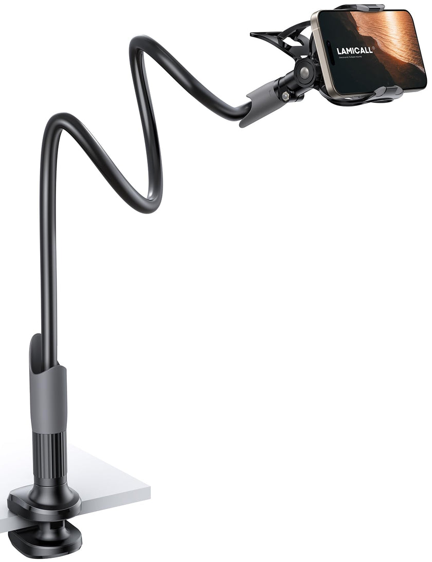 Phone Holder Bed Gooseneck Mount - Lamicall Cell Phone Stand Clamp Clip for Desk, Flexible Lazy Long Arm Headboard Bedside for iPhone 13 14 15 16 17 Pro Max Mini Plus, S24 S25 Ultra, 4-7