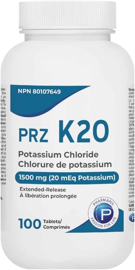 Pharmaris K-20 Potassium Chloride 1500mg Extended Release Tablets, Provides 20 mEq Potassium, Electrolyte Replenisher for Hypokalemia Treatment, Daily Use Supplement, 100 Tablets 🍁 All In One Marketplace Canada