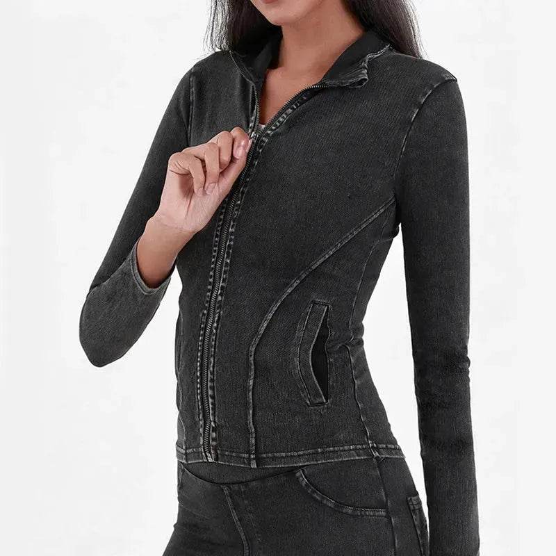 Fashion Slim fit Zipper High neck Denim Jacket for women