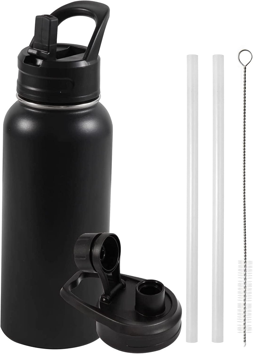 Insulated Water Bottle, 32oz Vacuum Stainless Steel Metal Sports Water Bottles with Stickers, Straw & Spout Lid (2 Lids), Double Walled to Keeps Hot and Cold, Leak Proof, BPA-Free, 32oz (Black) 🍁 All In One Marketplace Canada