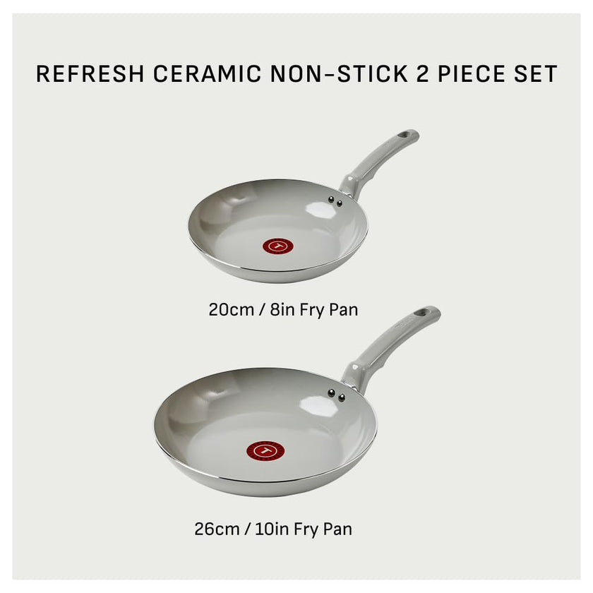 T-FAL Refresh Ceramic Nonstick Fry Pan Set, 2 Pieces, 8 Inch (20 cm) & 10 Inch (26 cm), Eco-Friendly, Durable for Healthy Cooking, Moon Grey 🍁 All In One Marketplace Canada