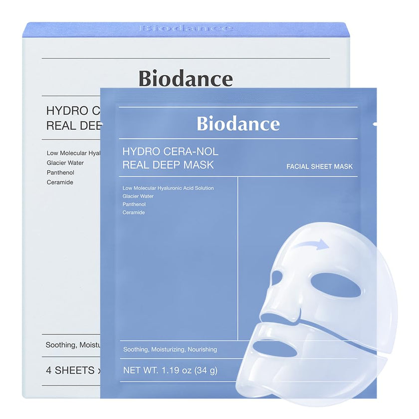 BIODANCE Hydro Cera-nol Real Deep Mask, Hydrogel Mask, Soothing, Moisturising, Nutritious, Korean Skin Care, 34 g x 4 PiecesBIODANCE Hydro Cera-nol Real Deep Mask, Hydrogel Mask, Soothing, Moisturising, Nutritious, Korean Skin Care, 34 g x 4ea