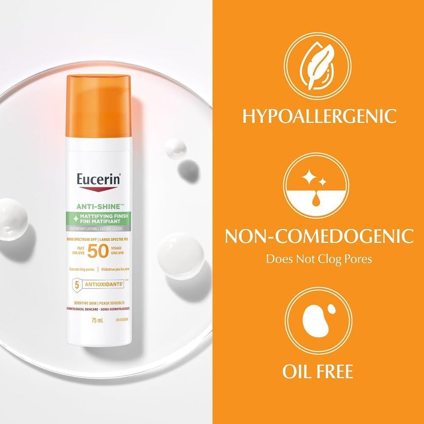 Eucerin Sun Anti-Shine Control Face Sunscreen SPF 50, Daily Face Sunscreen SPF 50 with 5 Antioxidants, Mattifying Body SPF 50 Lotion with UVA-UVB Sun Protection, Ideal for oily and acne prone skin, Fragrance Free & Non Greasy, 75 ml Pump