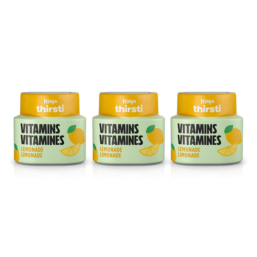 Ninja Thirsti VITAMINS Lemonade Flavoured Water Drops with Vitamins B3, B6, B12 and 0 calories*, 0 sugar* (*per 12oz classic serving) . Turn water into refreshing fruit-flavoured sparkling or still drinks with Ninja Thirsti Vitamins Flavoured Water Drops,