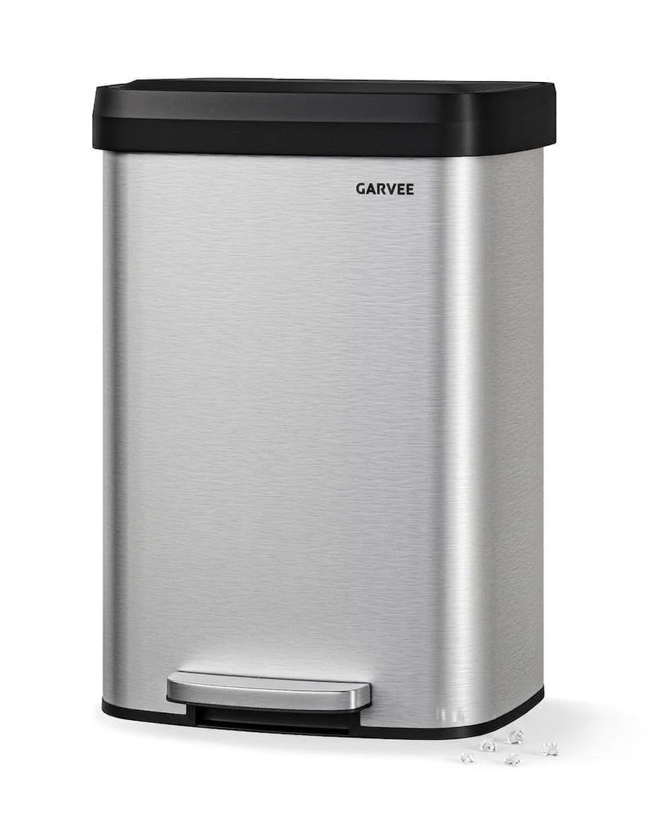 Garvee 13 gal / 50 L Stainless Steel Trash Can with Lid, Large Garbage Can for Kitchen, Rustproof Step-on Kitchen Metal Trash Bin with Liner Rim, Rear Handle, Soft Close Plastic Lid, Silver 🍁 All In One Marketplace Canada