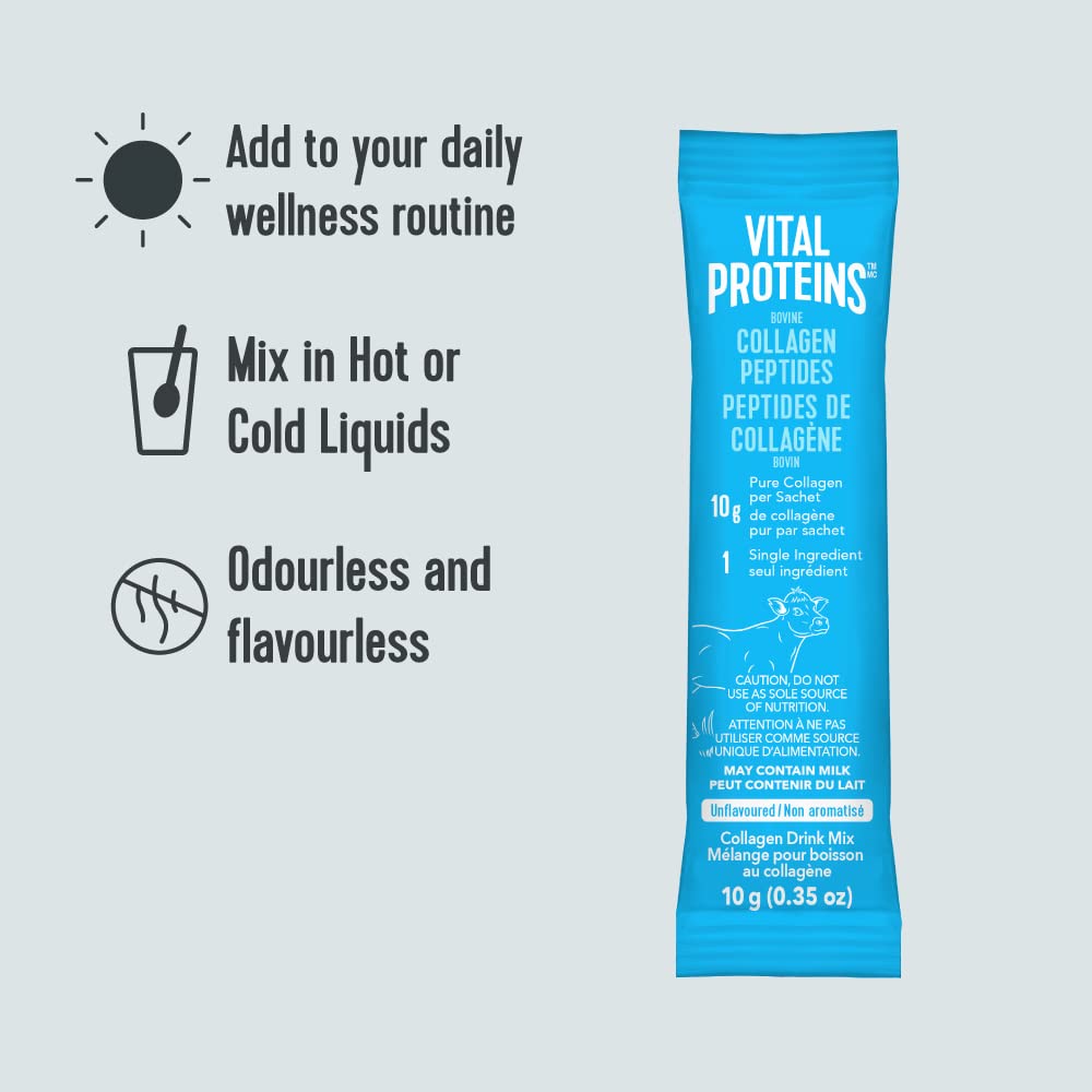 VITAL PROTEINS Bovine Collagen Peptides Powder, Single-serve Stick Packs, Unflavoured, Odourless, Gluten-free, No Added Sugar, Paleo-friendly, Non-GMO, No Artificial Flavours Or Colours, 200 g 🍁 All In One Marketplace Canada