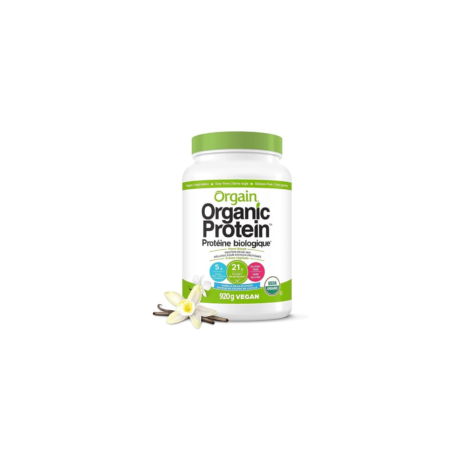 Orgain Organic Plant Based Canadian Protein Powder, Vanilla Bean - Vegan, Lactose Free, Gluten Free, Dairy Free, No Sugar Added, Soy Free, Kosher, Non-GMO, 920 g (Pack of 1) 🍁 All In One Marketplace Canada