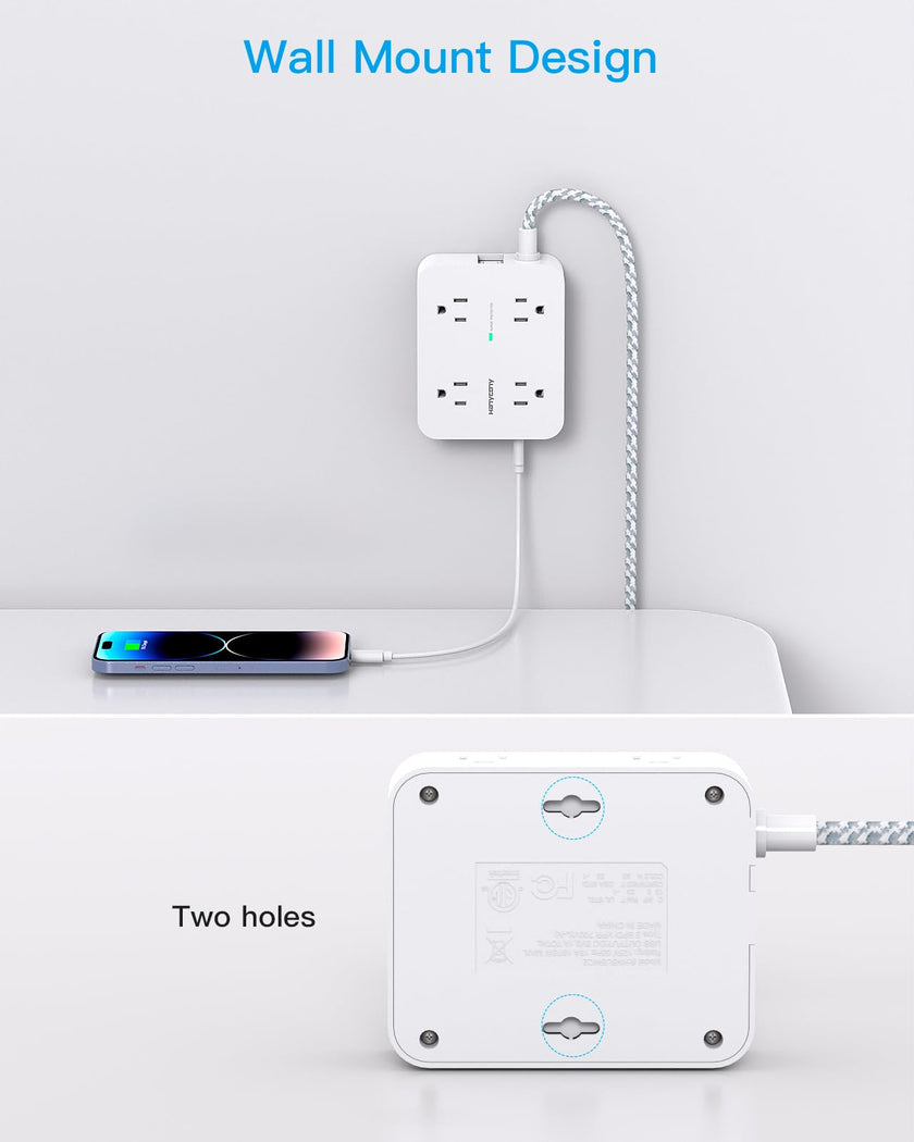 Surge Protector Power Bar - 8 Outlets 4 USB Charging Ports(2 USB C), Power Strip with 5Ft Braided Extension Cord, Flat Plug, Wall Mount Desk USB C Charging Station for Home Office College Essentials 🍁 All In One Marketplace Canada