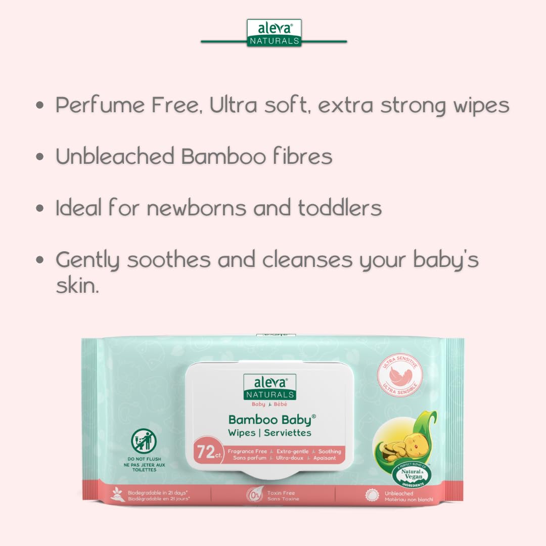 Aleva Naturals Bamboo Baby Sensitive Wipes- Natural and Organic Formula, Hypoallergenic, Biodegradable, Extra Strong and Ultra-Soft, Perfume Free Diaper Wipes - New Eco-Friendly, Sustainable Packaging- 72 Count X 6= 432 Wipes Total