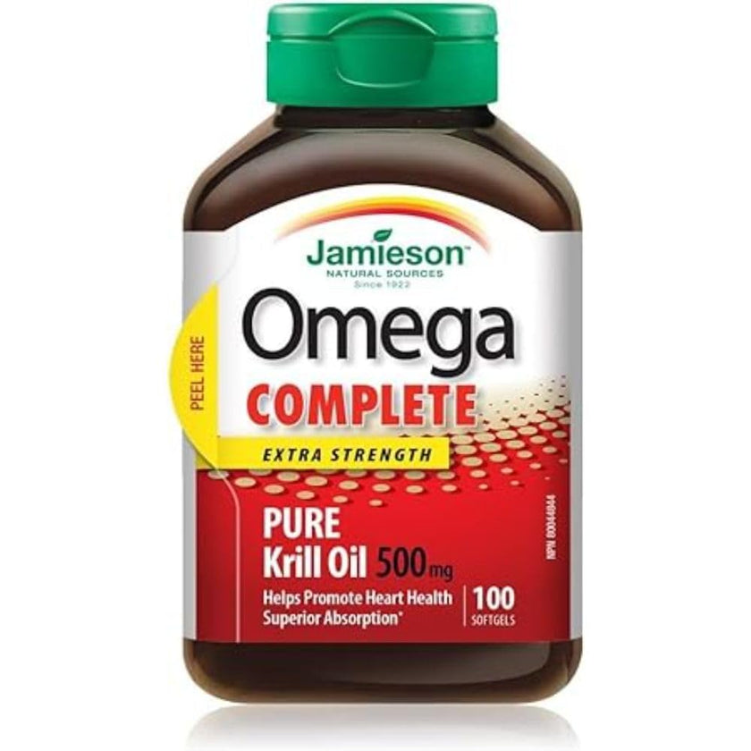 Jamieson Omega Complete Pure Krill Oil 500 mg, 100 Softgels, No Fishy Aftertaste, Supports Heart Health, and Provides Superior Absorption. With Antarctic Krill Oil. Proudly Canadian 🍁 All In One Marketplace Canada