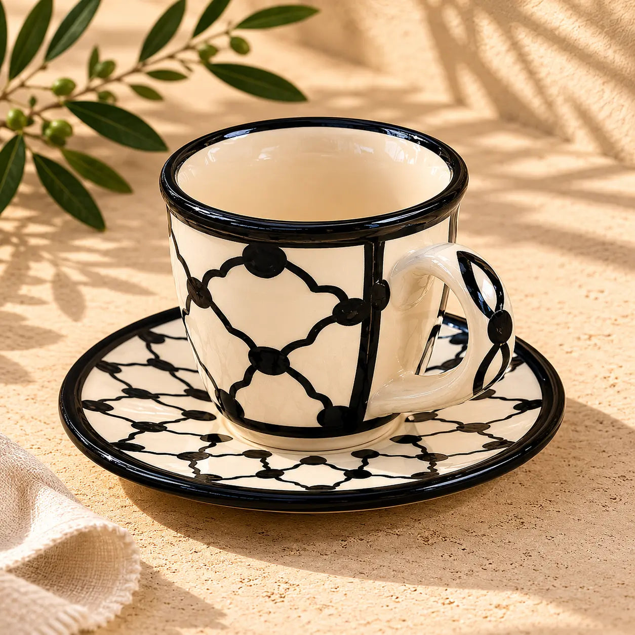 Palestinian Kuffia Coffee Set of 6 – Ceramic Cups with Plates (10×9×7 cm), Traditional Arabic Coffee Cups