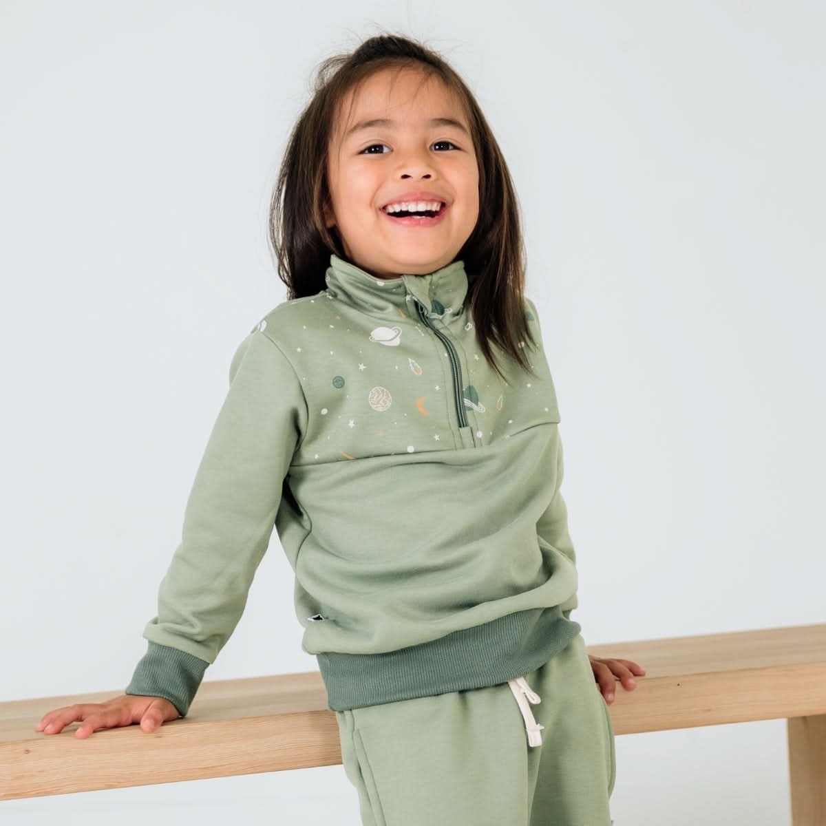 Kids' Bamboo Fleece Half-Zip | Sage With Outer Space