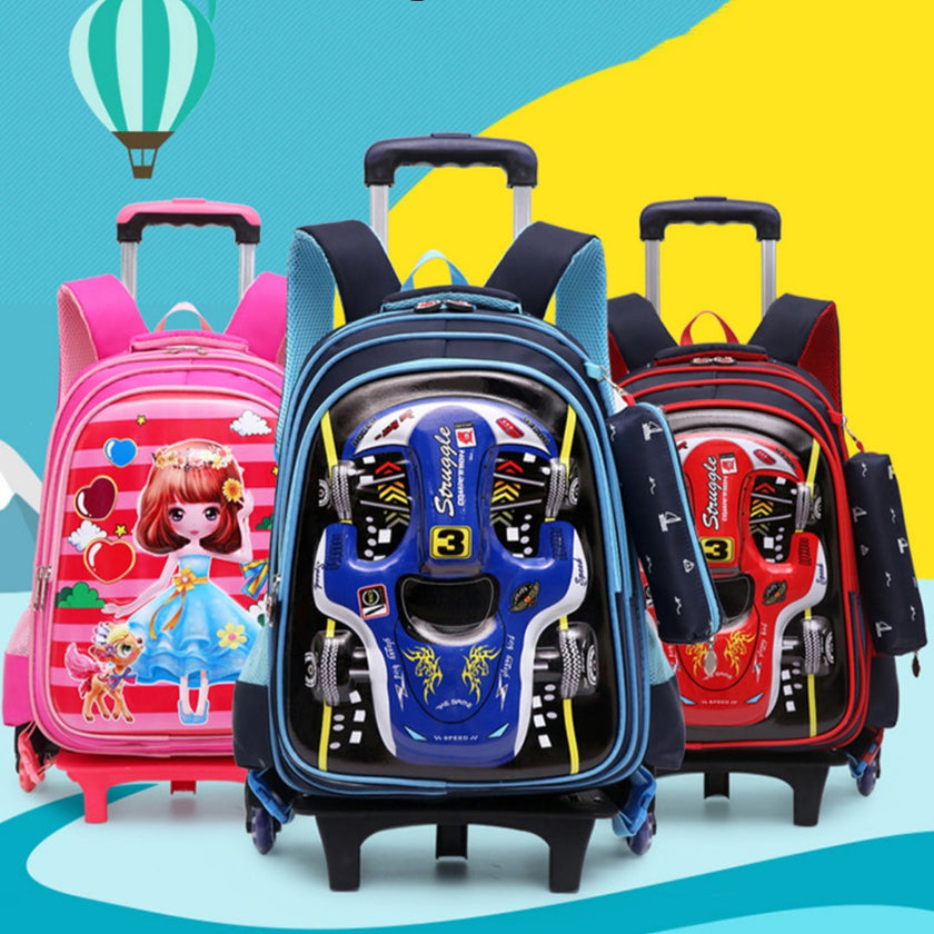 3D Car Trolley Waterproof Kids School Backpack with Wheels – Blue & Red