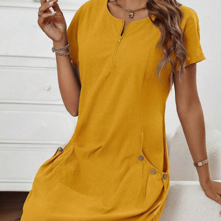 Women's Short-Sleeve Casual Dress with Pockets & Zipper – 12 Colors, S–3XL