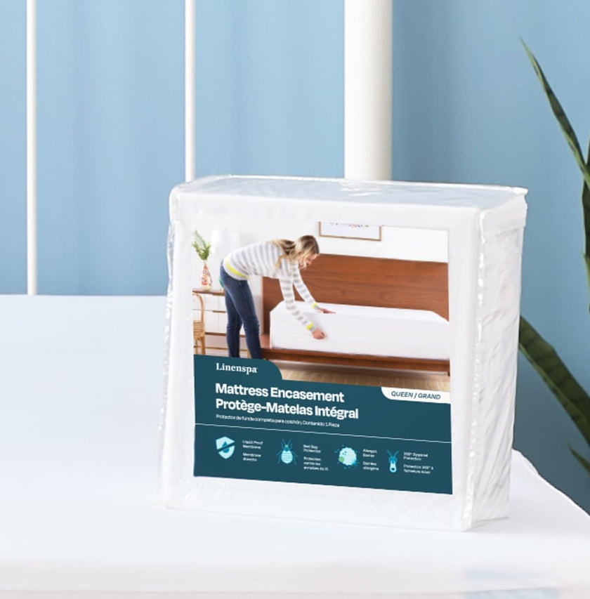 LINENSPA Zippered Encasement Waterproof, Dust Mite Proof, Bed Bug Proof, Hypoallergenic Breathable Mattress Protector - Queen Size White 🍁 All In One Marketplace Canada
