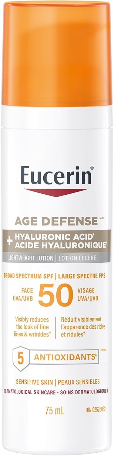 Eucerin Sun Age Defense Face Sunscreen SPF 50, Facial Sunscreen with Hyaluronic Acid and Antioxidants, Body SPF 50 Lotion with UVA-UVB Sun Protection, For Sensitive & Aging Skin, Reduce the look of fine line & wrinkles*, Fragrance Free & Non Greasy, 75mL