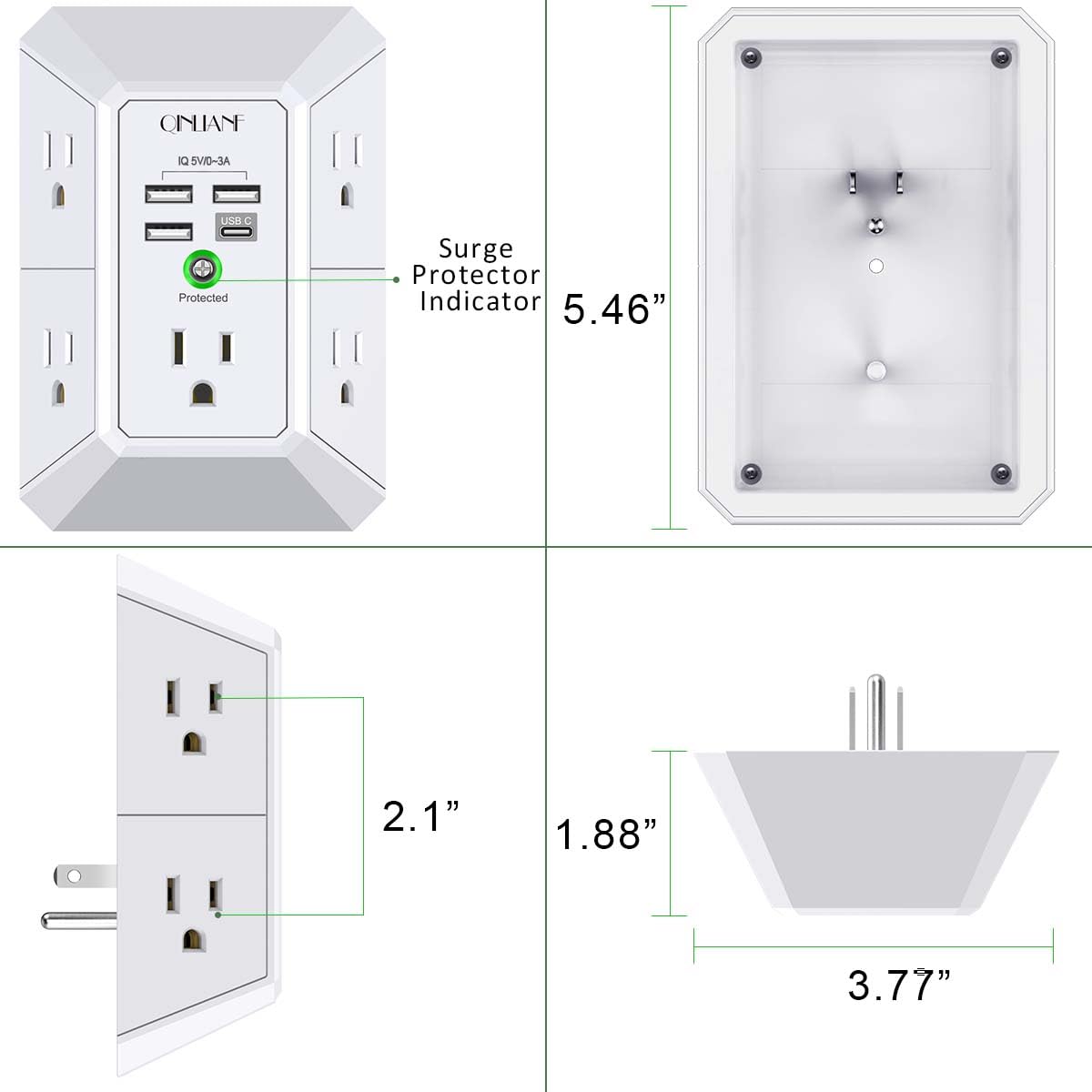 Wall Charger, Surge Protector, QINLIANF 5 Outlet Extender with 4 USB Charging Ports (4.8A Total) 3-Sided 1680J Power Strip Multi Plug Adapter Spaced for Home Travel Office (3U1C) 🍁 All In One Marketplace Canada