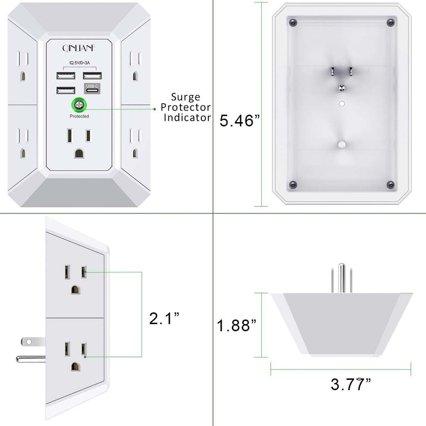 Wall Charger, Surge Protector, QINLIANF 5 Outlet Extender with 4 USB Charging Ports (4.8A Total) 3-Sided 1680J Power Strip Multi Plug Adapter Spaced for Home Travel Office (3U1C) 🍁 All In One Marketplace Canada